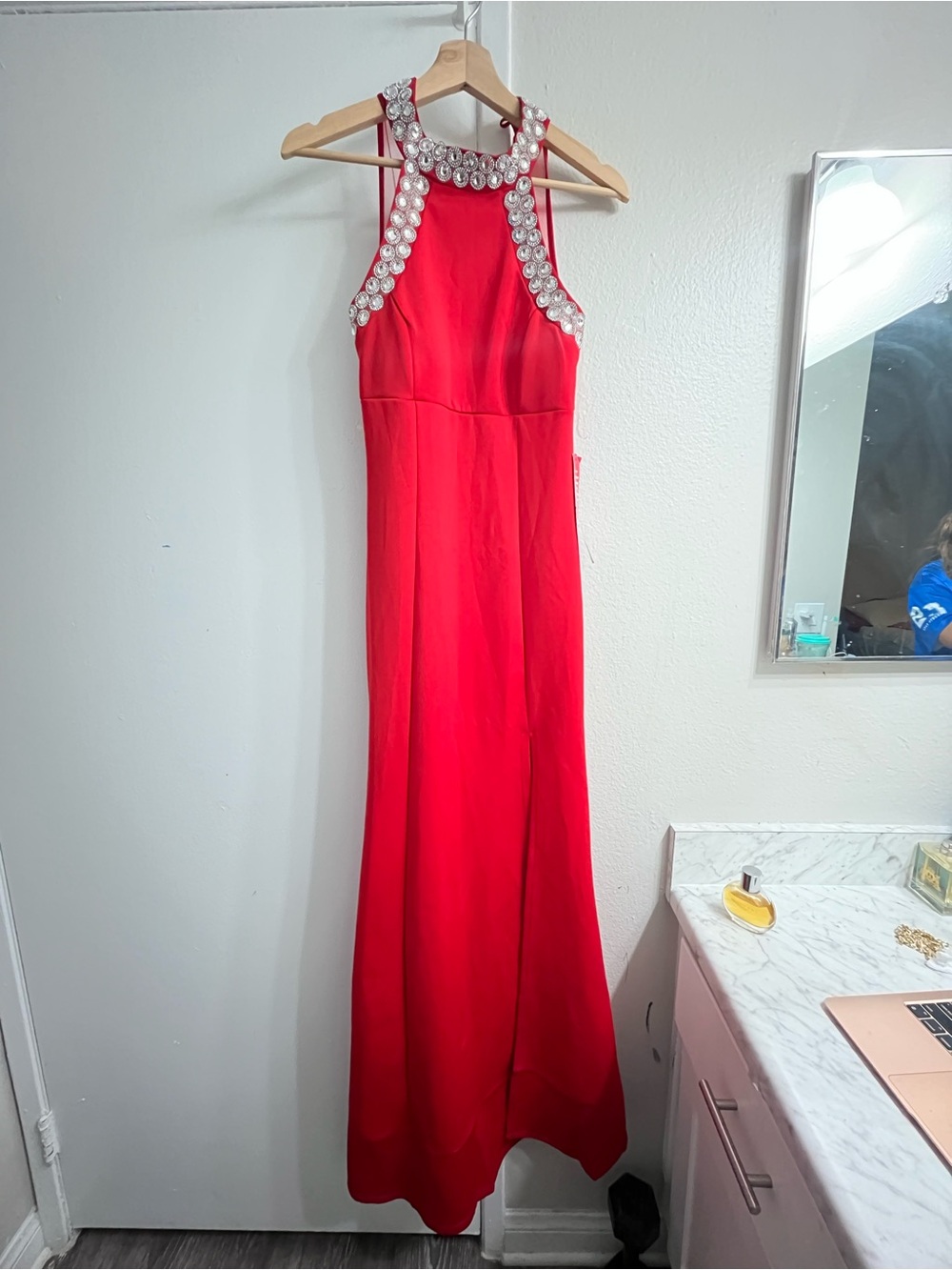 Red Embellished Halter Evening Gown
